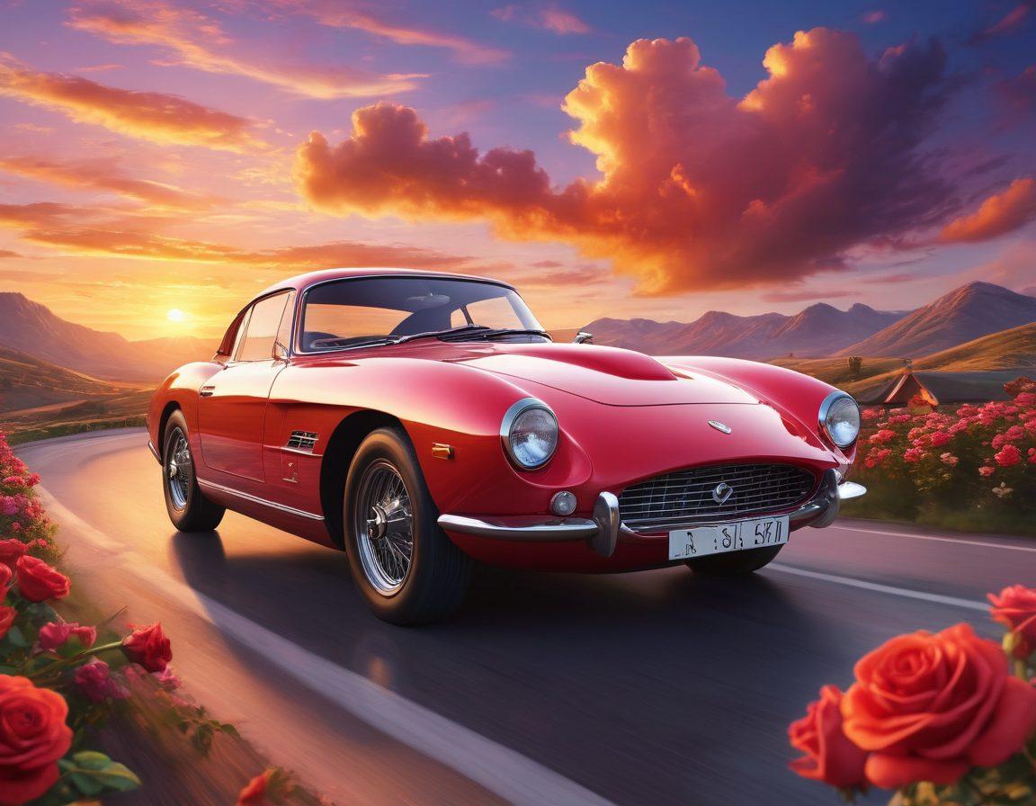 A dynamic scene featuring a classic sports car in vibrant colors, surrounded by romantic elements like roses and heart-shaped clouds. The backdrop showcases a sunset on a winding road, symbolizing the passion of driving. Include a couple enjoying the ride, exuding joy and connection. super-realistic. vibrant colors. romantic atmosphere.