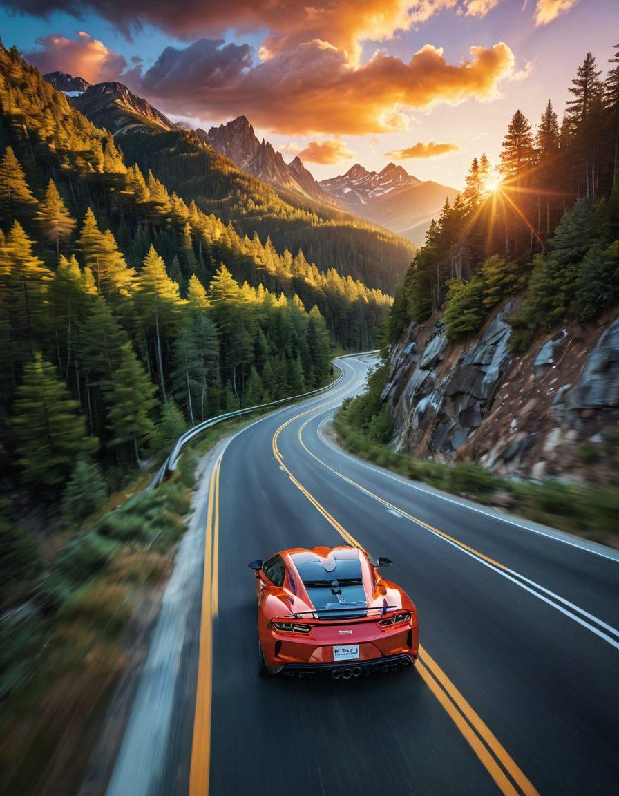 A winding road through a breathtaking landscape, featuring a sports car speeding along, with vibrant scenery of mountains and forests. Capture the excitement of the journey with a dynamic perspective, showcasing motion blur to highlight speed. Include a sunset sky filled with vibrant colors to evoke passion and adventure. super-realistic. vibrant colors. 3D.