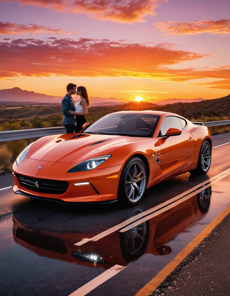 A vibrant scene featuring a sleek, high-performance sports car parked on a scenic highway, with a sunset casting warm hues over the landscape. In the foreground, a couple is sharing a romantic moment, gazing at each other, with the car symbolizing their shared passion for automotive adventure. Add detailed reflections on the car's surface showcasing the sunset colors and a sense of intimacy in their poses. super-realistic. vibrant colors. romantic atmosphere.